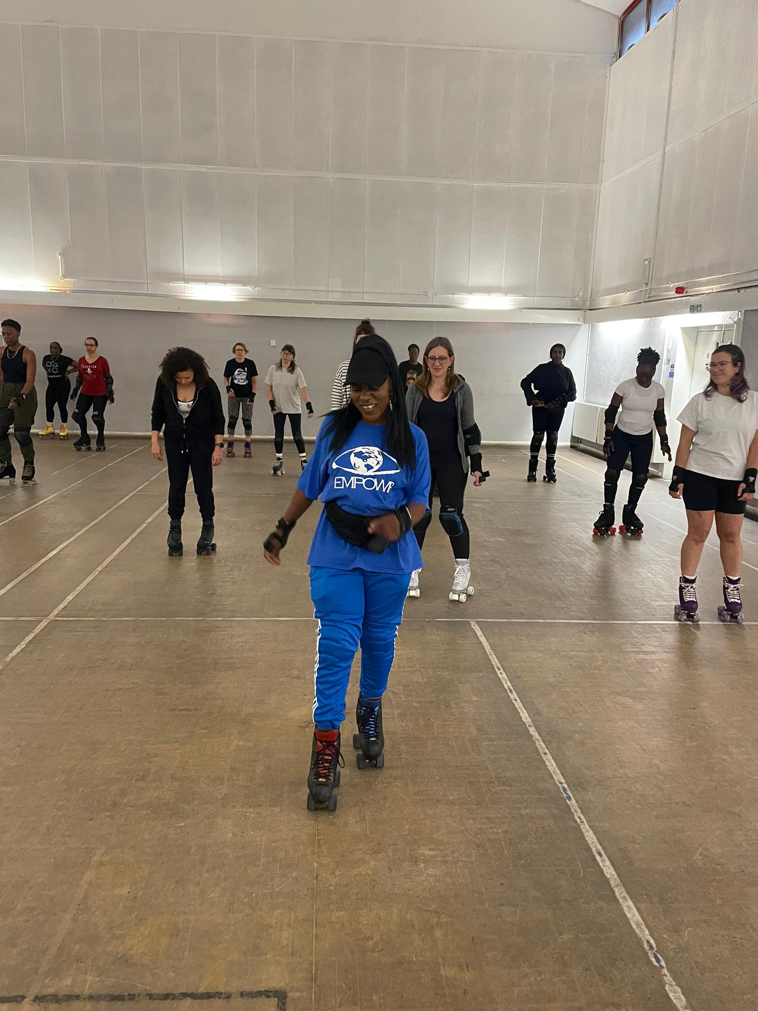 Adults learning roller skating